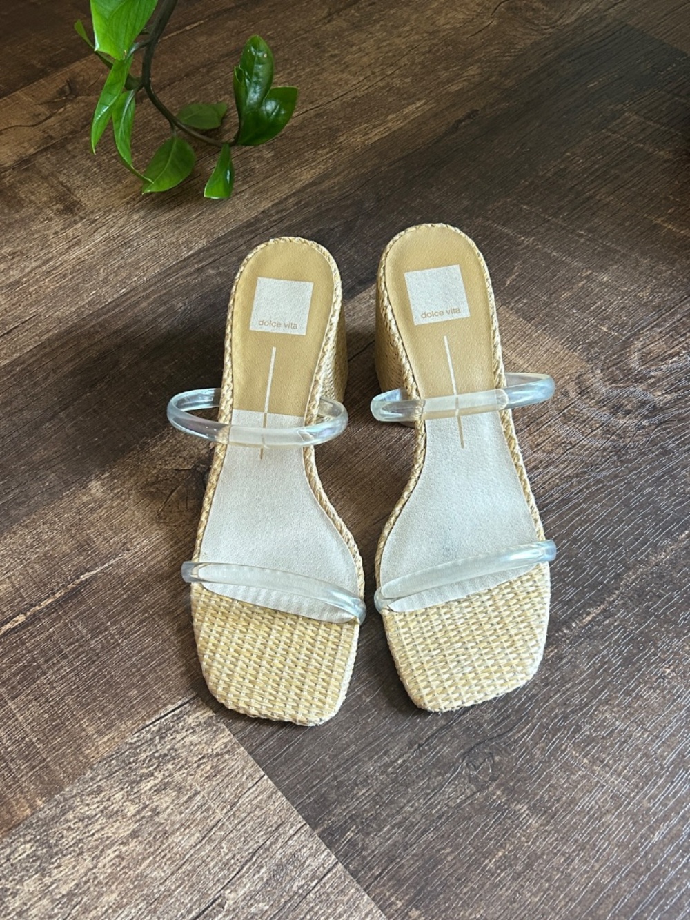Dolce Vita Natie Block Mid Heel Plateau Raffia Transparent Sandals High Heels 9